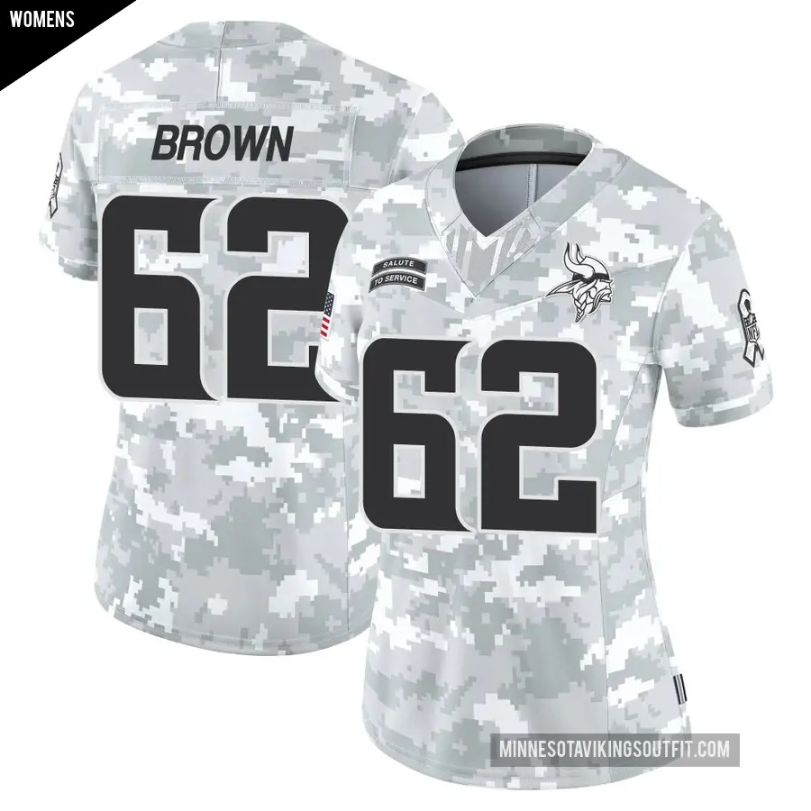 Women's Minnesota Vikings ＃62 Logan Brown Arctic Camo Limited 2024 Salute to Service Jersey
