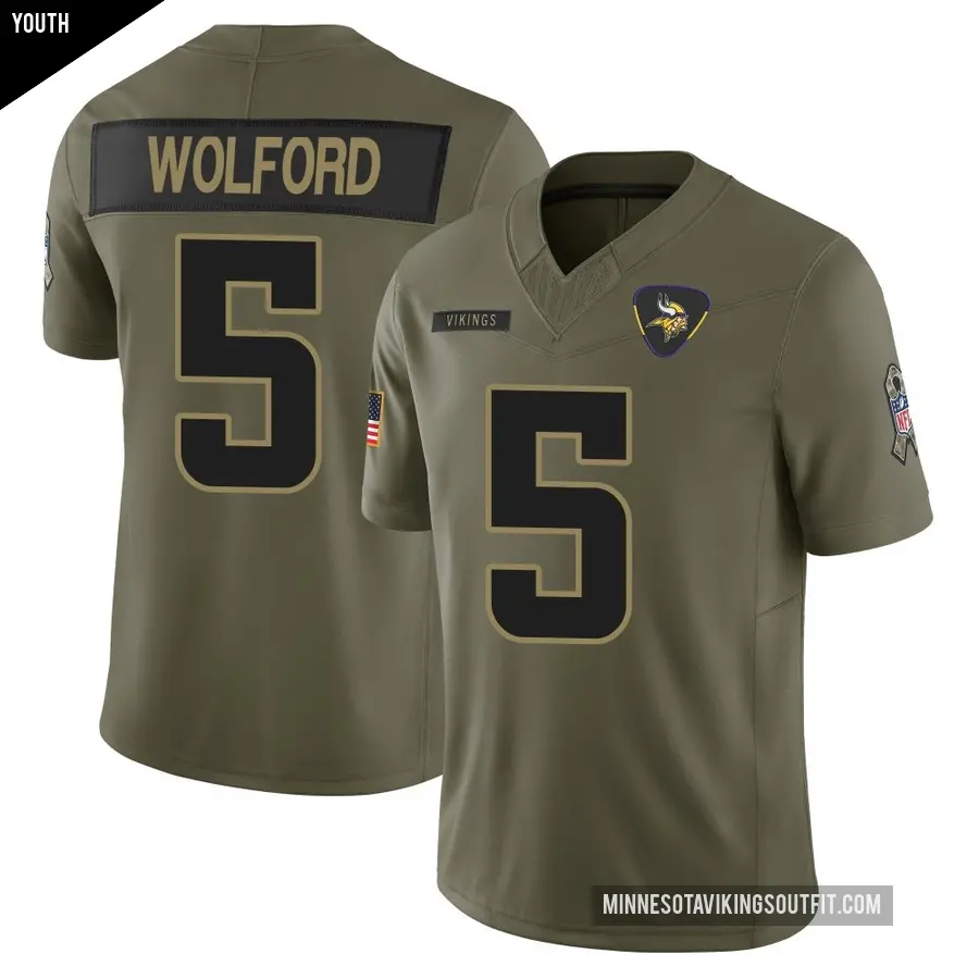Youth Minnesota Vikings ＃5 John Wolford Olive Limited 2025 Salute to Service Jersey