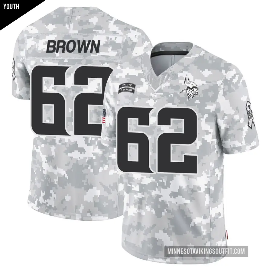 Youth Minnesota Vikings ＃62 Logan Brown Arctic Camo Limited 2024 Salute to Service Jersey