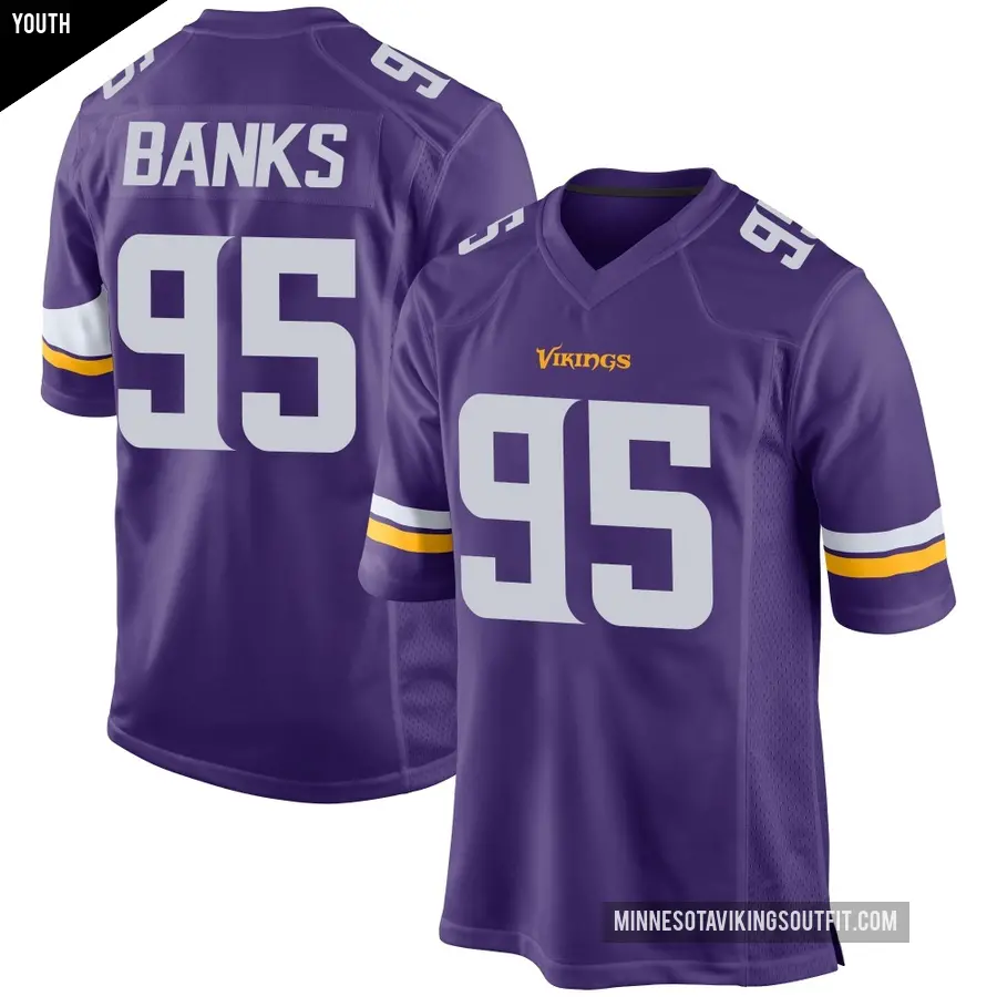 Youth Minnesota Vikings ＃95 Caleb Banks Purple Game Team Color Jersey